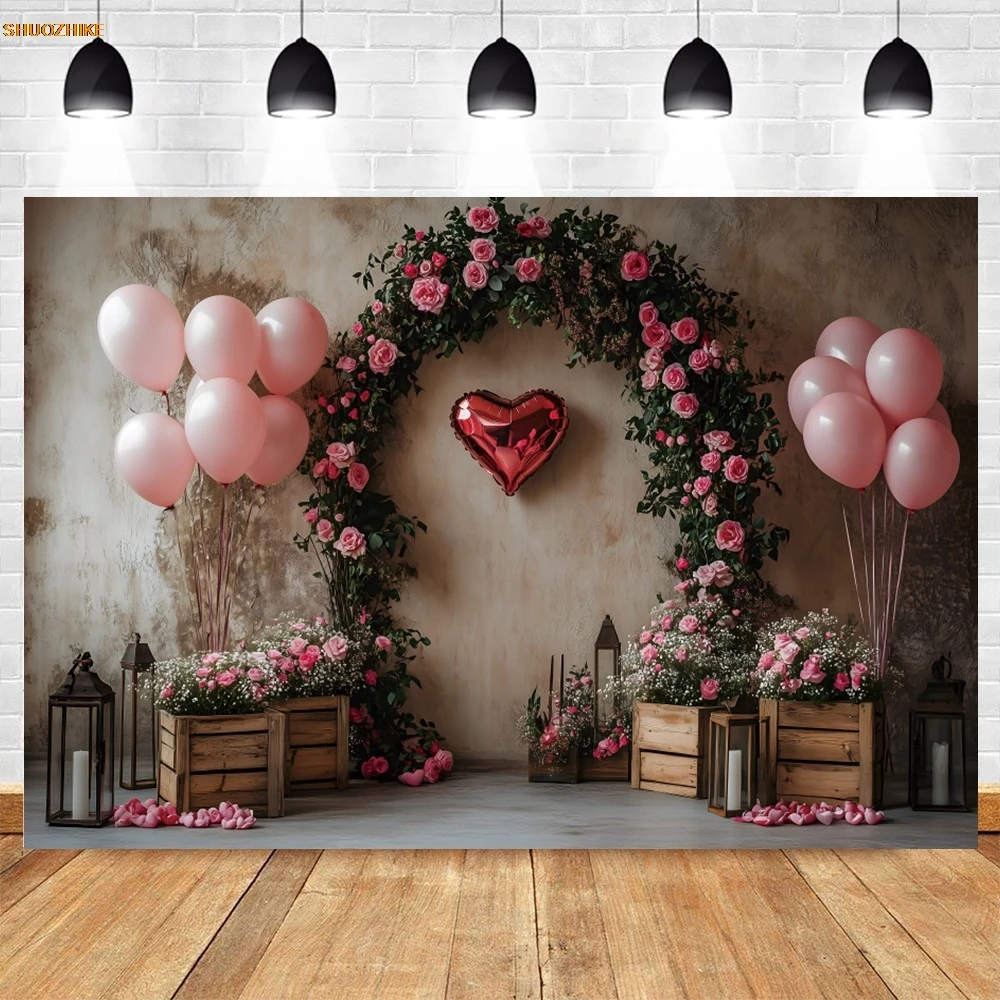 Valentines Day Arch Rose Love Heart Backdrop Pink Flowers Sweet Couple Portrait Family Party Wedding Photography Background