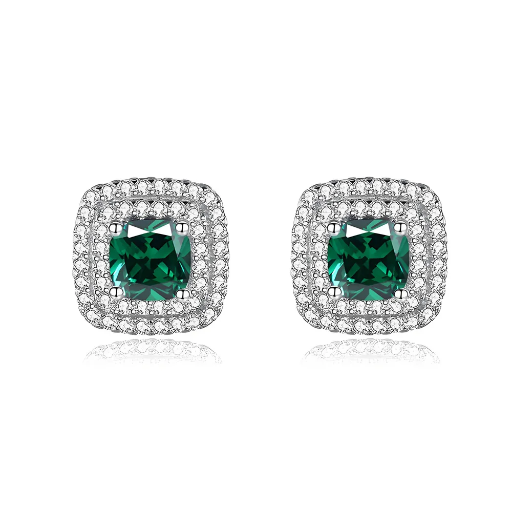 

New micro-inlaid diamond square S925 silver emerald stud earrings women's exquisite temperament color zirconium earrings