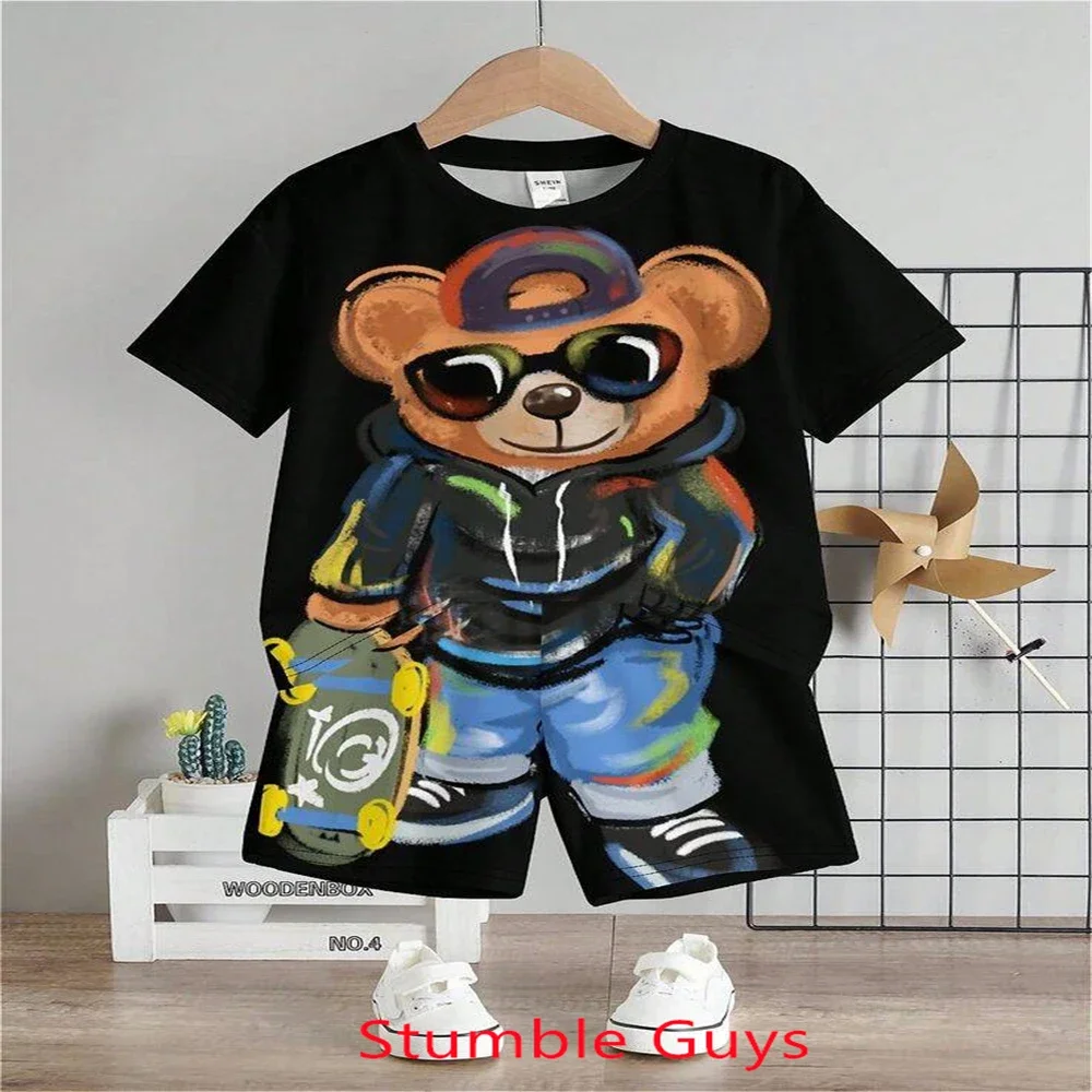 Fashion Brand Bear Tshirt Set Kids Summer Anime Clothes Tracksuit Boys Girls Tops One Piece Cartoon Sonic 2pcs Short Sleeve