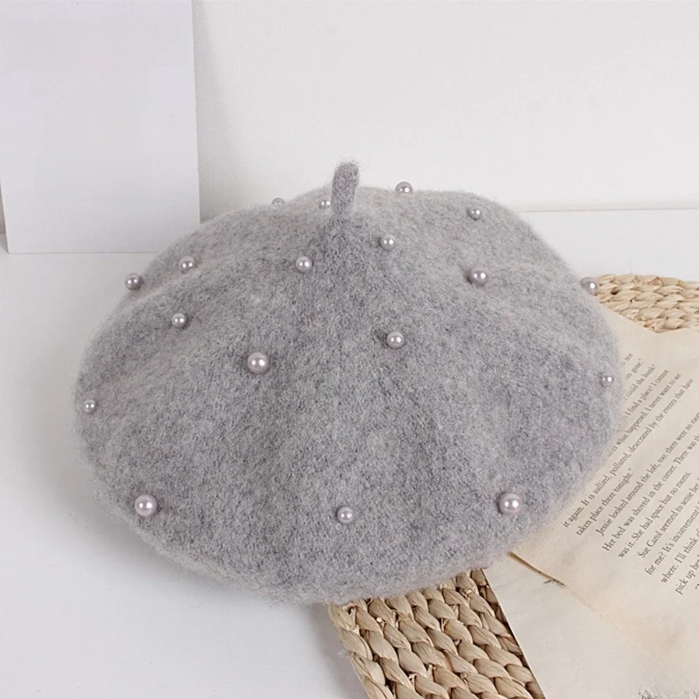 

Модный детский берет с жемчугом, однотонная шерстяная детская шерстяная шапка, теплая шапка художника в корейском стиле, осенняя шапка