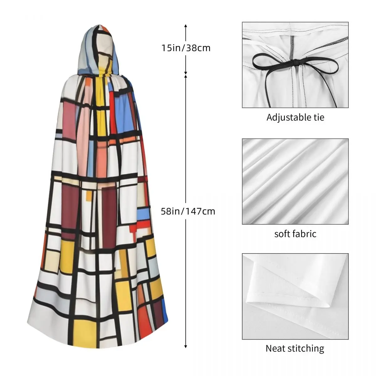 موندريان الحد الأدنى دي Stijl الحديثة طويلة مقنعين عباءة الساحرة القرون الوسطى زي تأثيري كيب هالوين معطف الكبار للجنسين