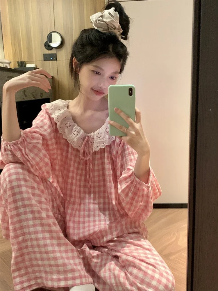 

Корейский Sle Long Sve, повседневный комплект одежды в клетку с кукольным воротником, женская весенне-осенняя домашняя одежда, удобная дышащая одежда