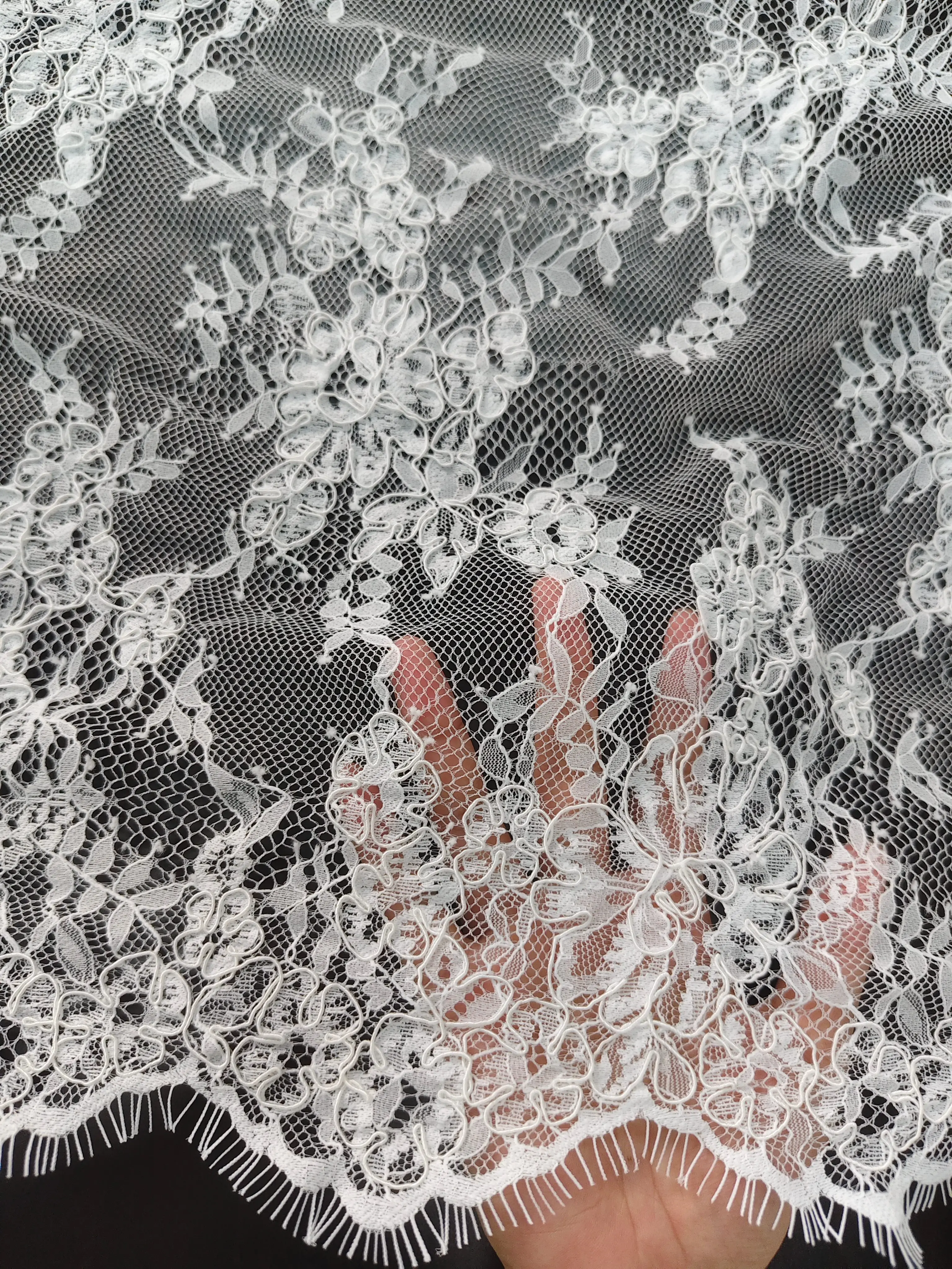 Ivory Floral Eyelash Lace Fabric, Rope-Embroidered Mesh Tulle Netting for Wedding Bridal Dresses, Evening Gowns