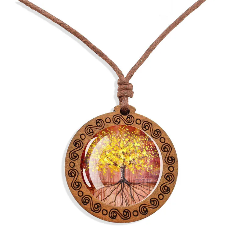 Tree of Life Wooden Necklace Cabochon Glass Wood Pendant Women Family Life Tree Art Jewelry Wax Rope Chain Necklaces Gift
