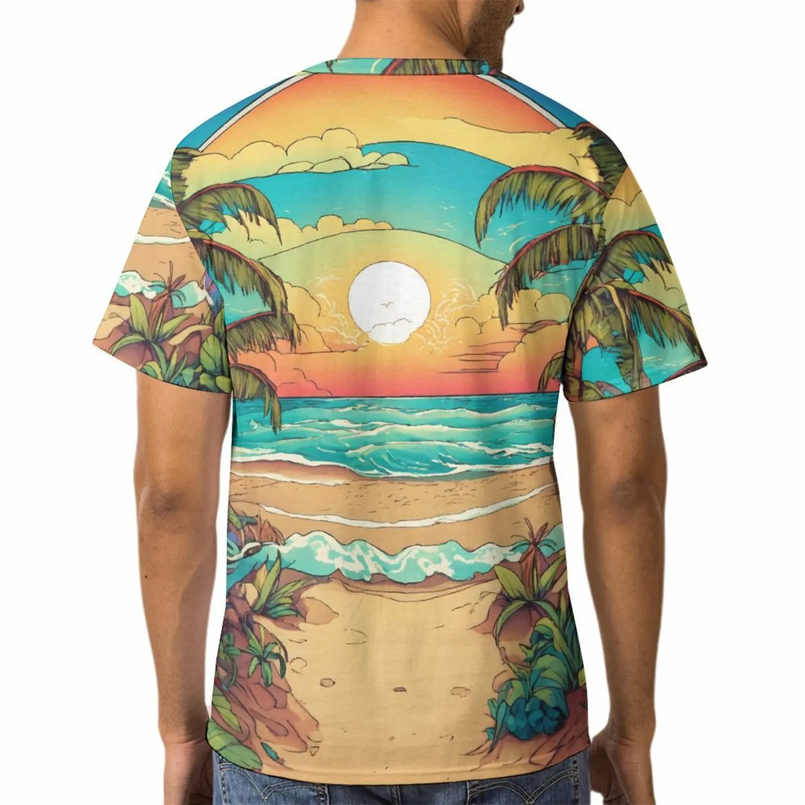 Hawaiian Coconut Tree Pattern Men's T-Shirt Summer Harajuku Short Sleeved 3d High-Definition Custom Round Neck Top, Casual Wear