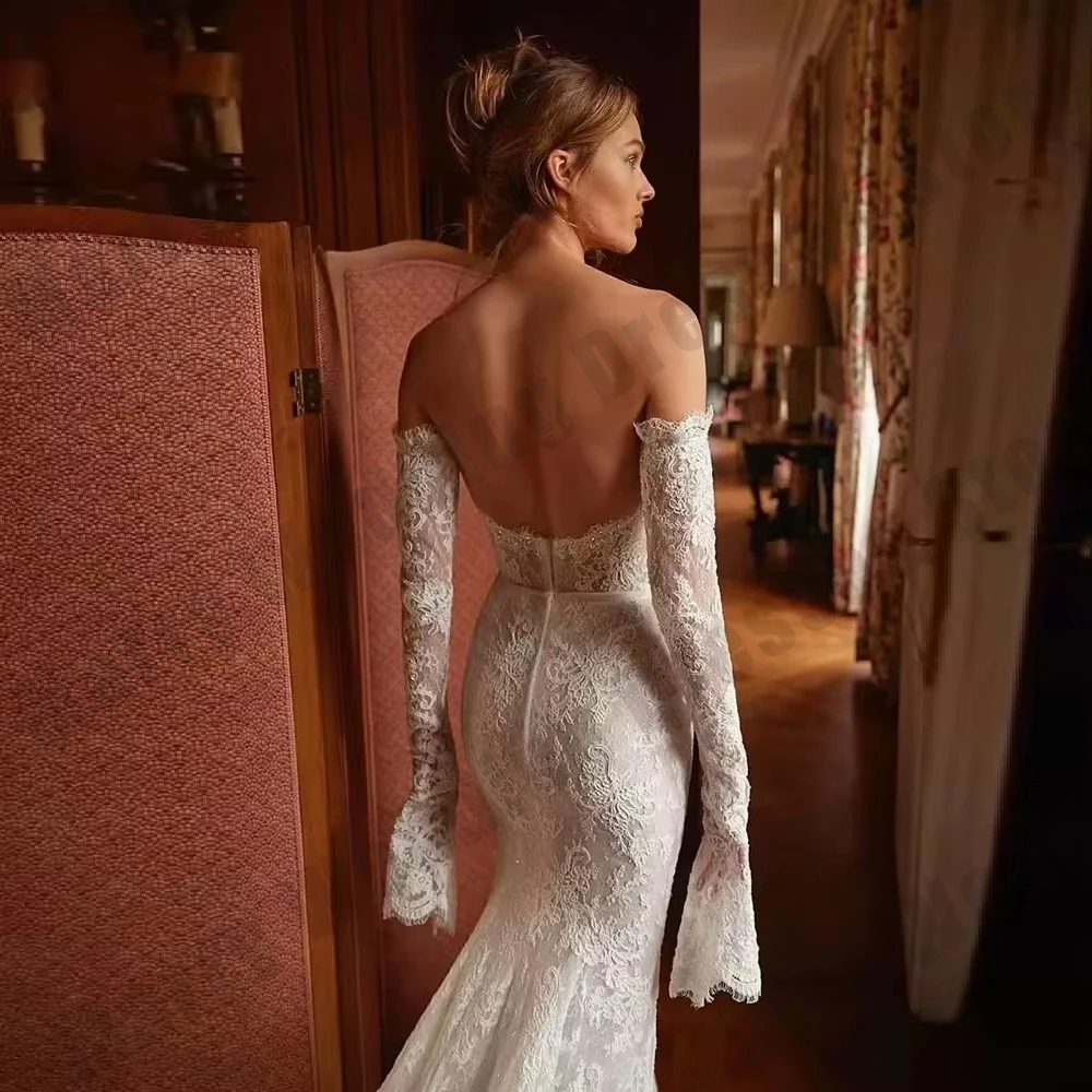 فساتين زفاف فاخرة بأكمام طويلة قبالة الكتف الدانتيل حورية البحر الحبيب فساتين الزفاف vestidos de novias رداء مخصص #4