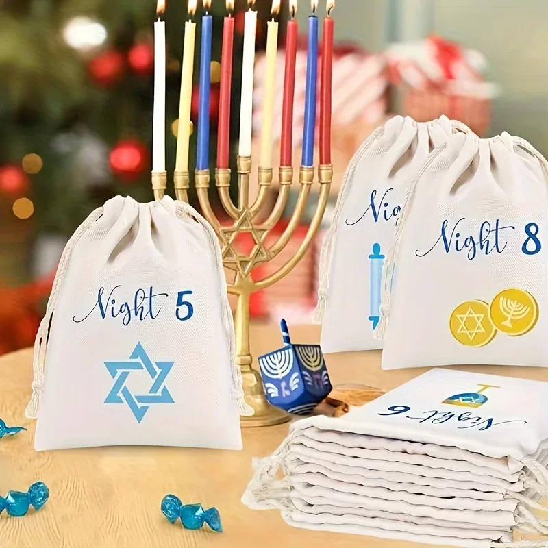 8 Pcs Hanukkah Burlap Gift Bags, Countdown Drawstring Gift Bags, Ornament Party Supplies, Holiday Party Favors Hanukkah Presents