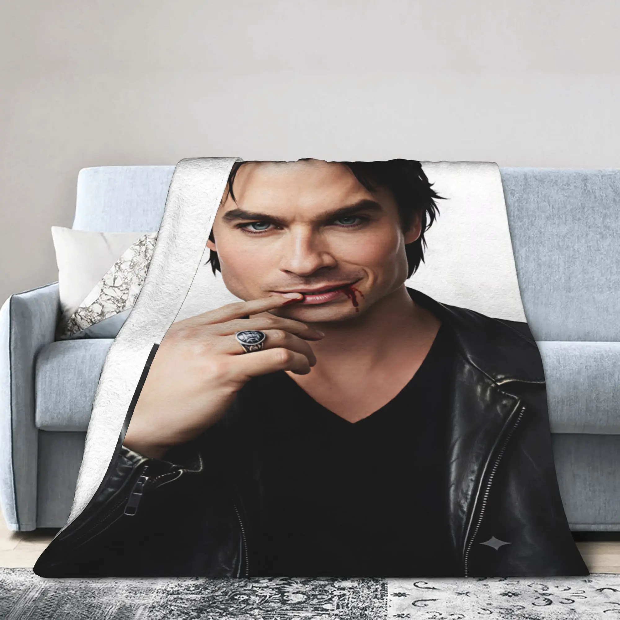 Damon Salvatore Smirk Studio Portrait Warm Soft Blanket Plush Throw Blanket Print Living Room Flannel Bedspread Sofa Bed Cover