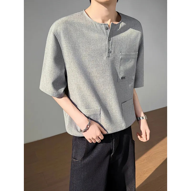 model summer long-sleeved wind-blown ice-silk multi-pocket design round-neck T-shirt shirt