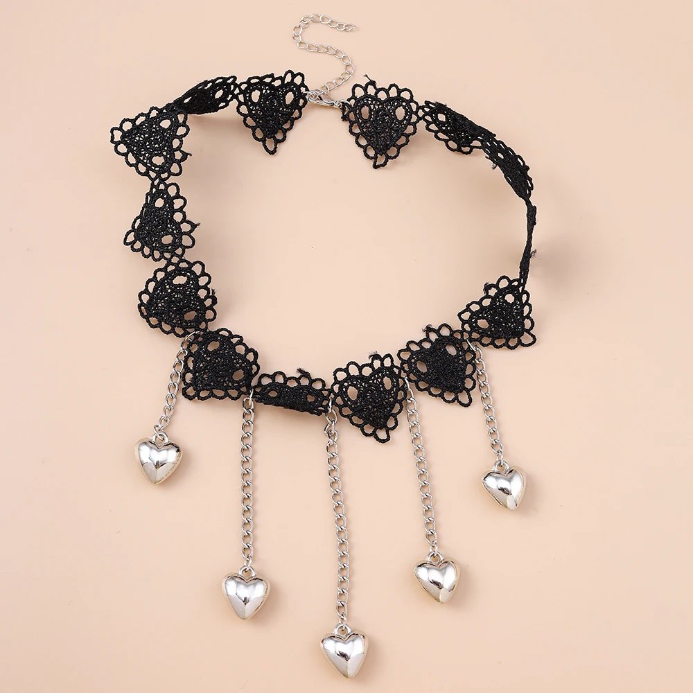 Aihua Gotische Viktorianische Schwarze Spitzenkette für Frauen Lange Quasten-Herz Sexy Spitzen-Choker Halskette Steampunk Kragen-Schmuck – Detail 6