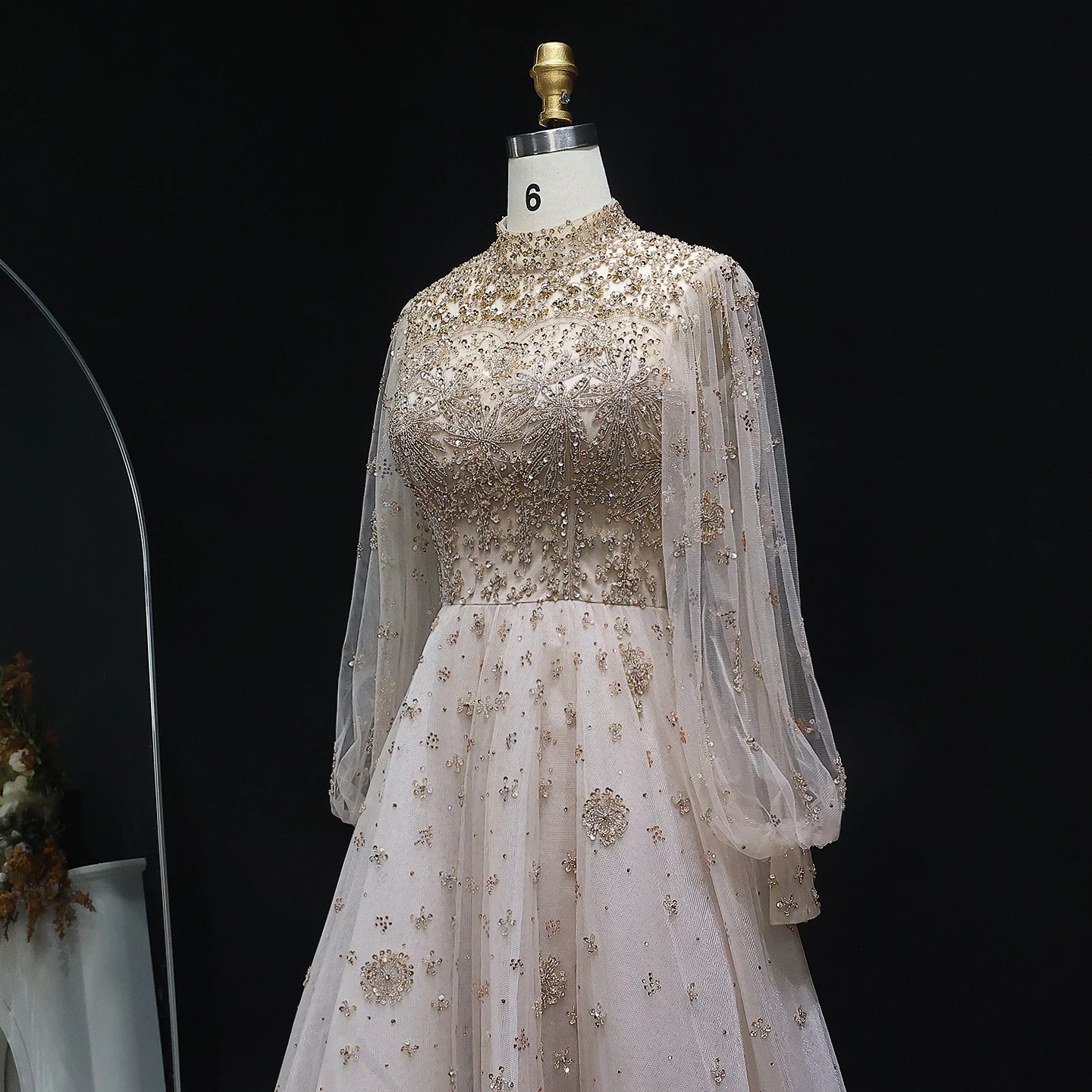 Sharon Said Elegant Champagne Luxury Dubai Women Evening Dress for Wedding Long Sleeves Arabic Party Formal Gowns SS223 Custom image 4