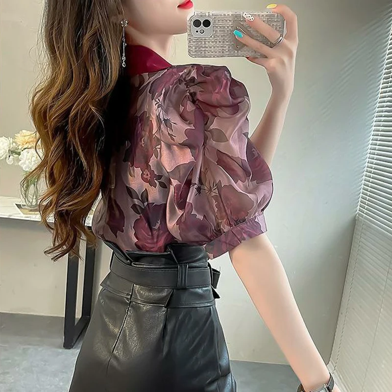 Women Vintage Korean Fashion Notched Collar Print Shirts Office Lady Elegant Commute Blouses Female Chic Short Sleeve Loose Tops