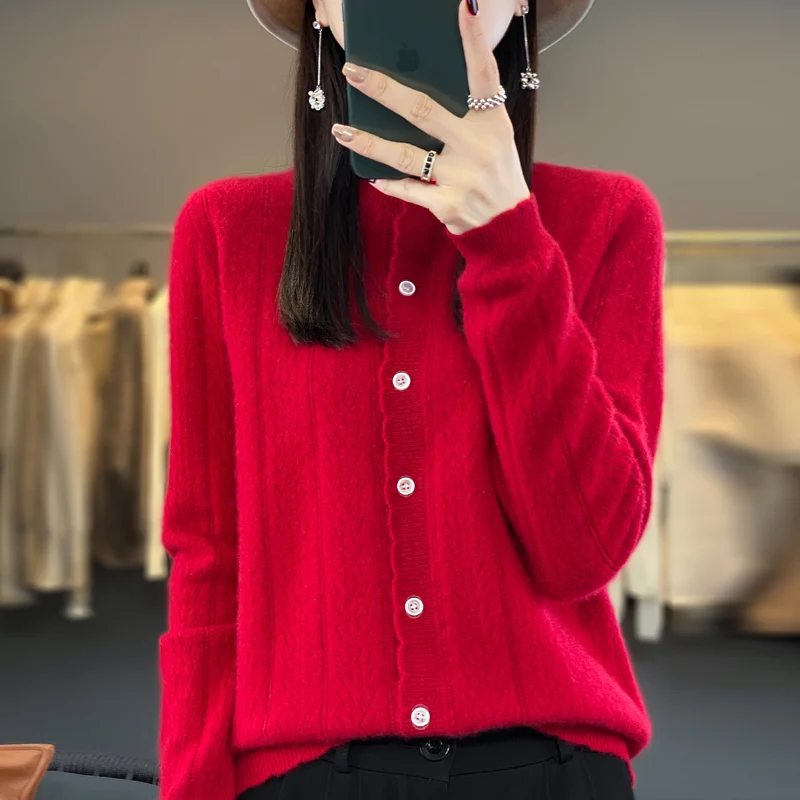 2024 Fashion Women\'s Knitted Cardigan 100% Merino Wool Korean Long Sleeve Sweater Autumn/Winter New Jacquard Knitted Cardigan