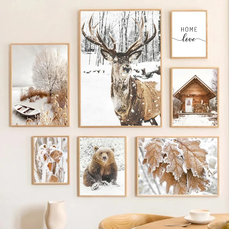 Modern Winter Forest Snowflake Landscape Painting White Snow Leaves Image Animal Bear Fox Squirrel Poster Bedroom Decoration