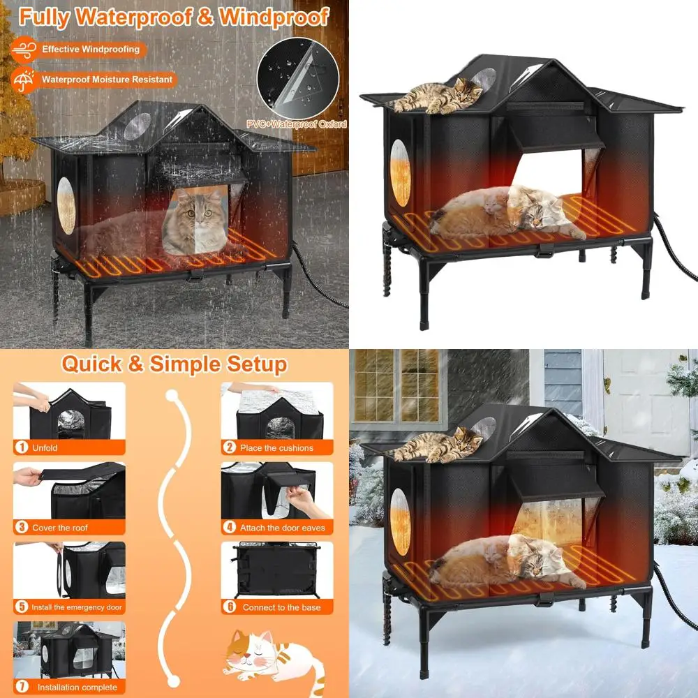 

Weatherproof Insulated Outdoor Cat House with Heating Pad, Safe Escape Door, Elevated Base for Stray Cats Shelter (Large)