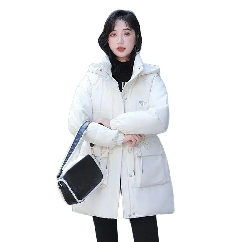 

Mid Length Down Cotton Padded Jacket 2022 Winter New Women Parkas Slim Drawstring Stand Collar Hooded Casuak Female Coat Trend