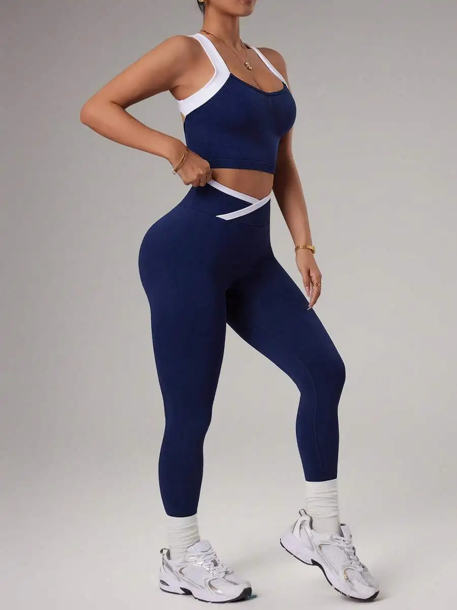 Blue Seamless 2 Piece Workout Set Women Sleeveless Sports Bra Leggings Yoga Gym Activewear