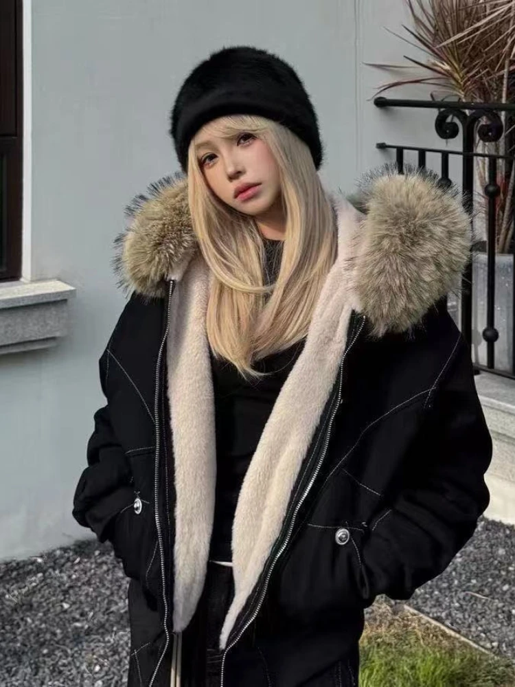 American Vintage Long Sleeve Short Parkas Faux Fur Hooded Women Casual Streetwear Coat Retro Pure Color Zipper 2025 Autumn