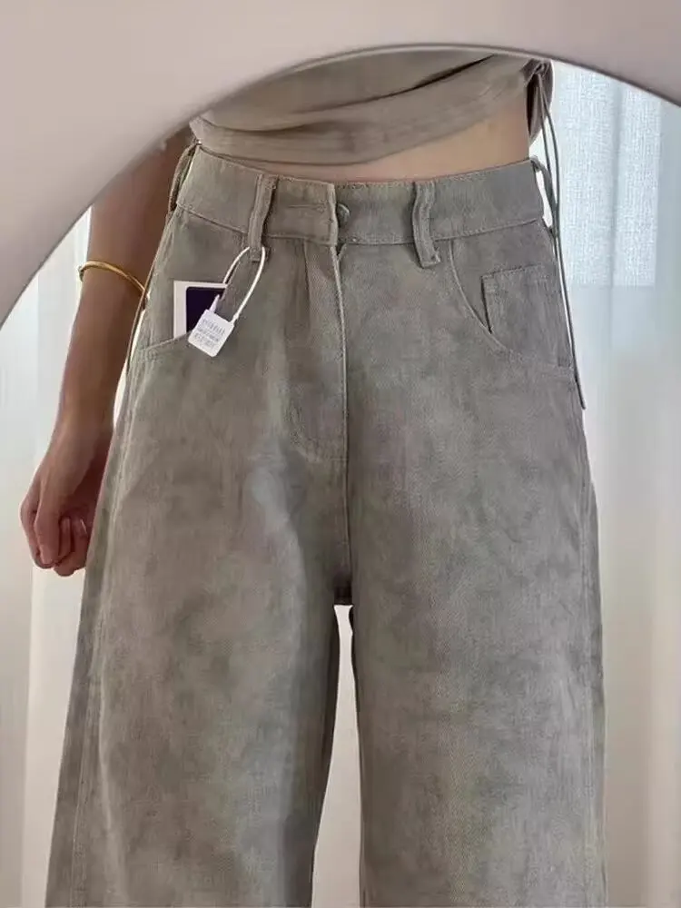 Y2K – jean rétro américain pour femmes, taille haute, jambes larges, imprimé de teinture fine, petit Design, pantalon en Denim droit, été