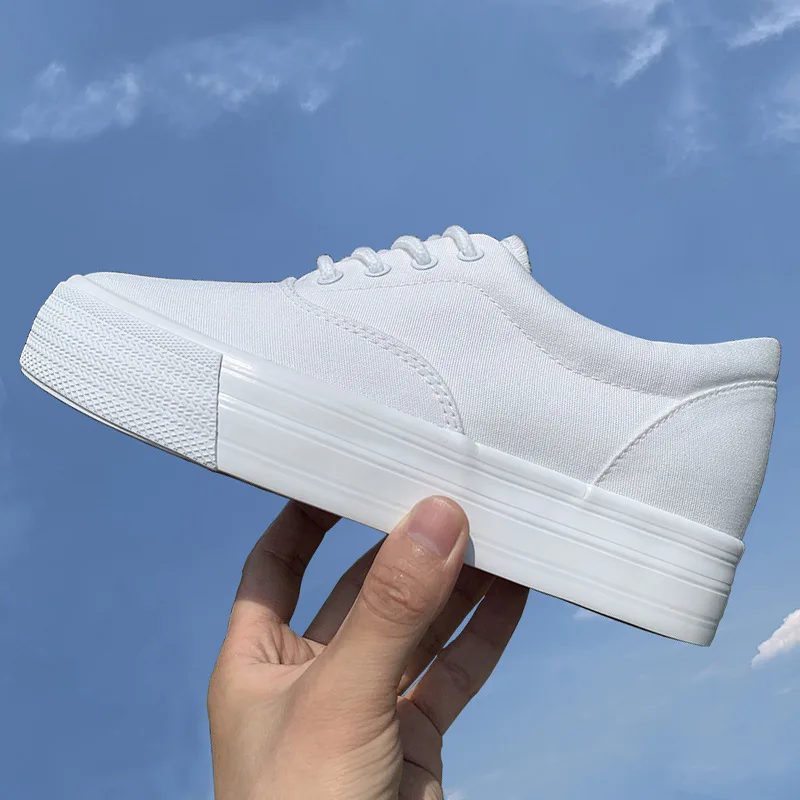 New Women's Canvas Shoes Summer Thin Thick Bottom White Sneakers Versatile Student Platform Shoes Breathable Low Cut Rubber Sole