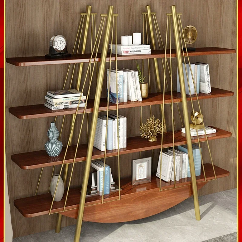 

Книжная полка из цельного дерева, напольная стойка, многослойная, из кованого железа, не перфорированная, настенная витрина для гостиной, легкая роскошная стойка для хранения