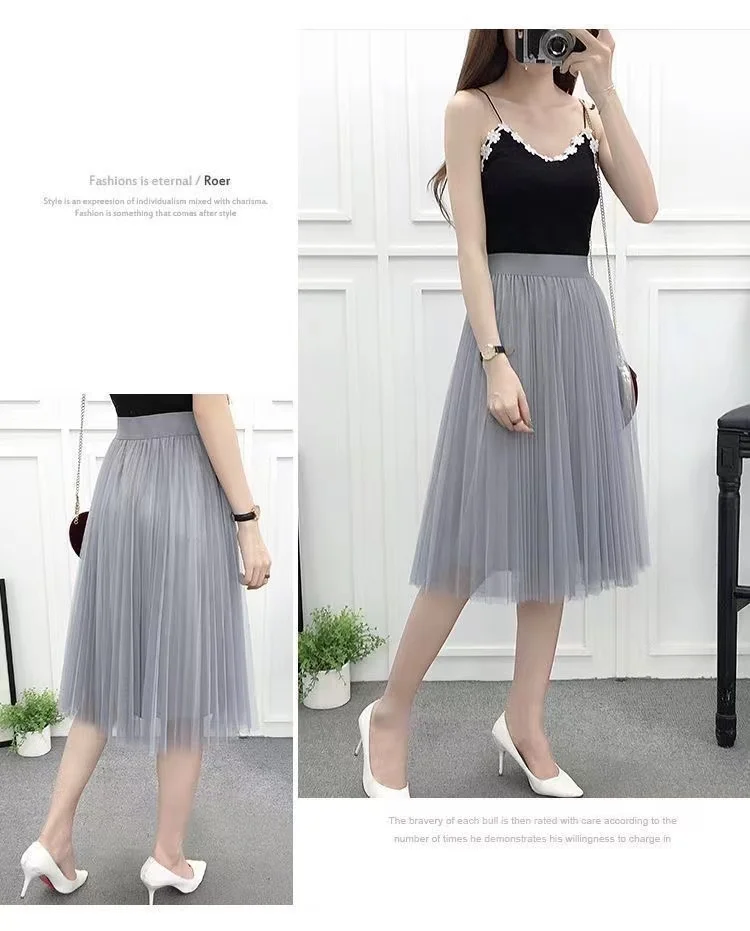 Sping Summer Fashion Korean Women\'s Mesh Skirt Pleated Skirt A- Line High Waist Skirt Woman Skirts Girls New Lace Skirts