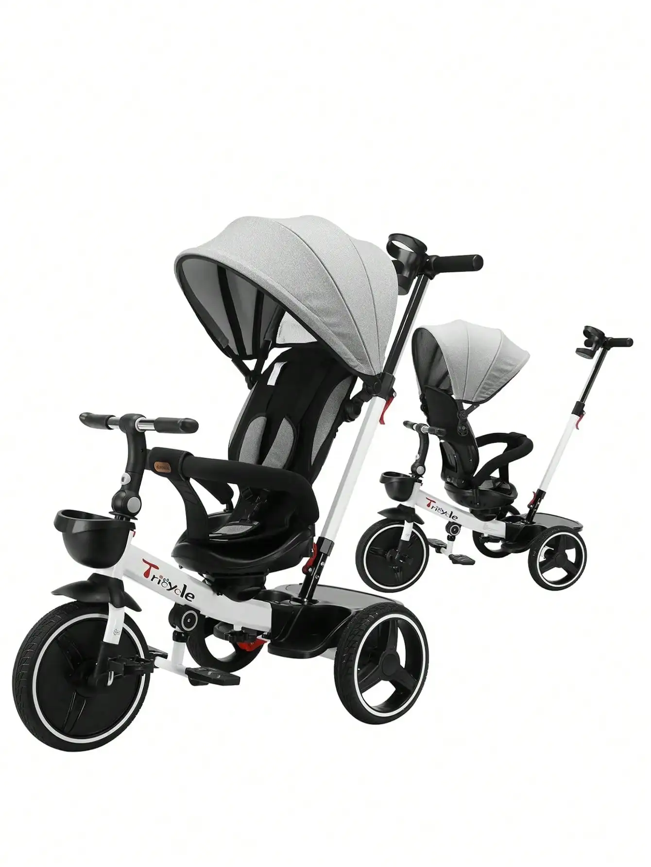 Triciclo para niños 6 en 1 con mordedor, cinturón de seguridad y sombrilla - Juguete para montar durante 1-6 años (gris/blanco)