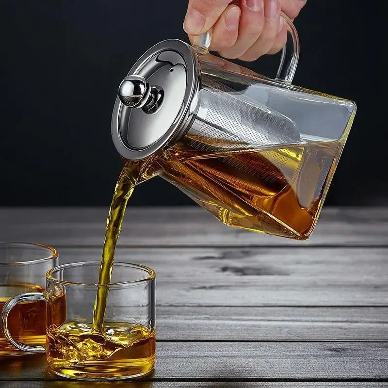 Square Heat Resistant Glass Teapot With Stainless Steel Infuser Filter Puer Tea Kettle Clear Glass Tea Pot Cup Tea Sets