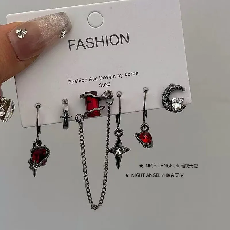 Stud Earrings 6 Pcs Asymmetrical Lava Heart Star Moon Zircon Sweet Punk Dark  Comfortable Durable Alloy Office Party Daily