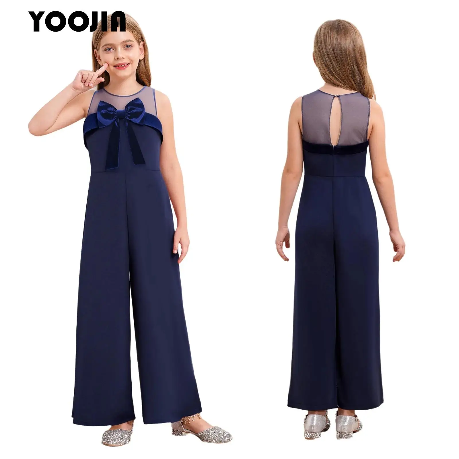 

Girl's Bowknot Jumpsuit Sleeveless Sheer Mesh Patchwork High Waist Prom Party Jumpsuit Full Bodysuit Kids Wedding Rompers
