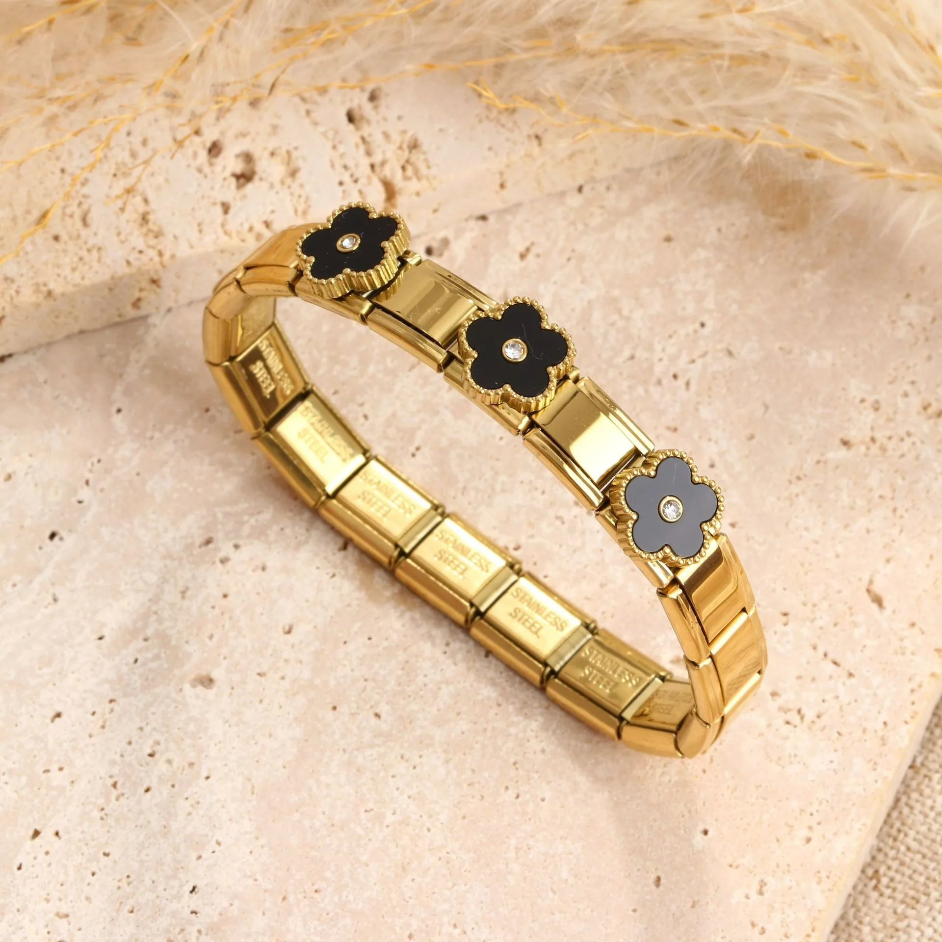 Hot Sale Square Stainless Steel Gold Plated Five Leaf Flower Bracelet Minimalist For Female Male Casual Jewelry Party Gift