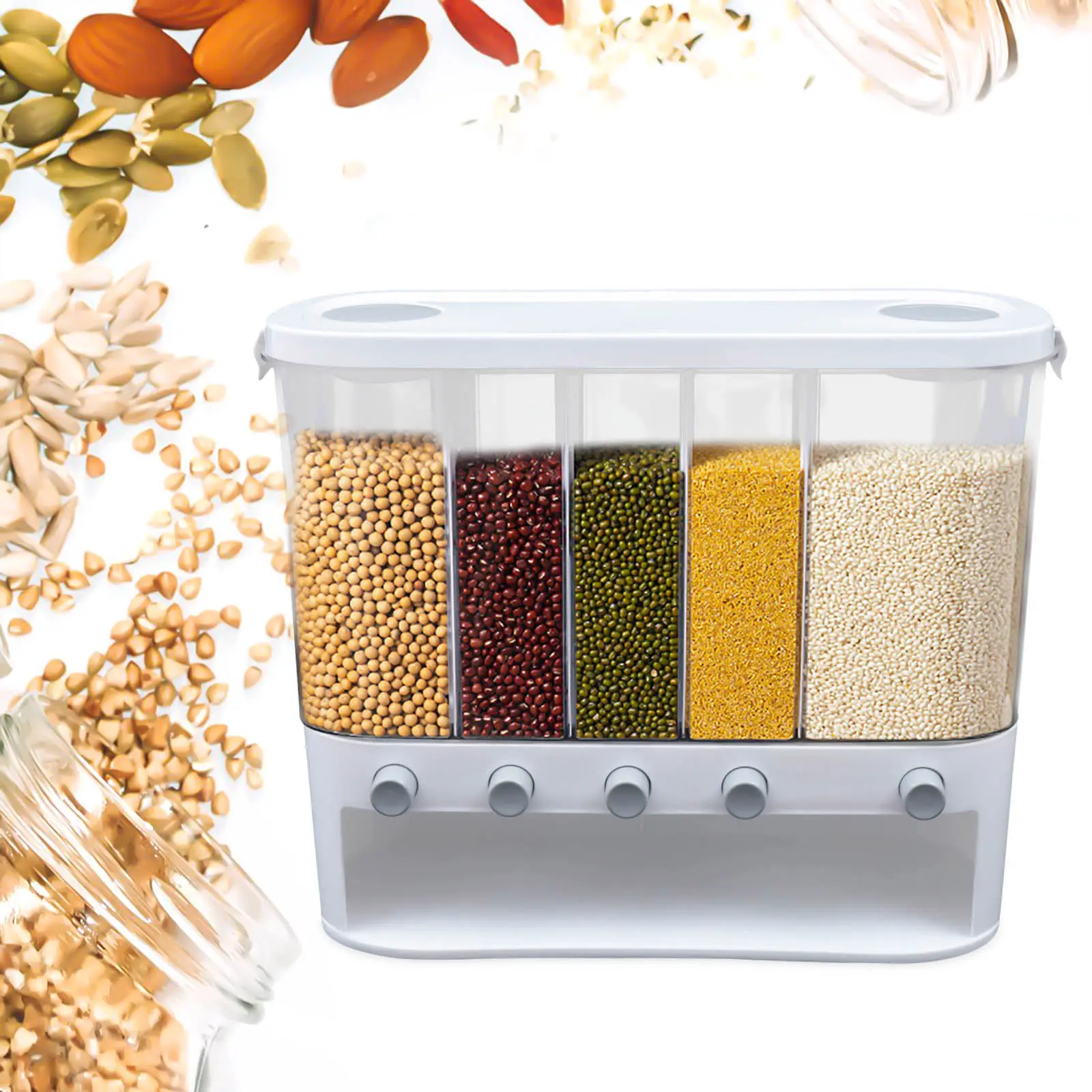 5-In-1 Rice Dispenser Box Grain Dry Food Storage Container Tank 5-Grid Wall Mount Kitchen Cereal Beans Barrel with Measuring Cup