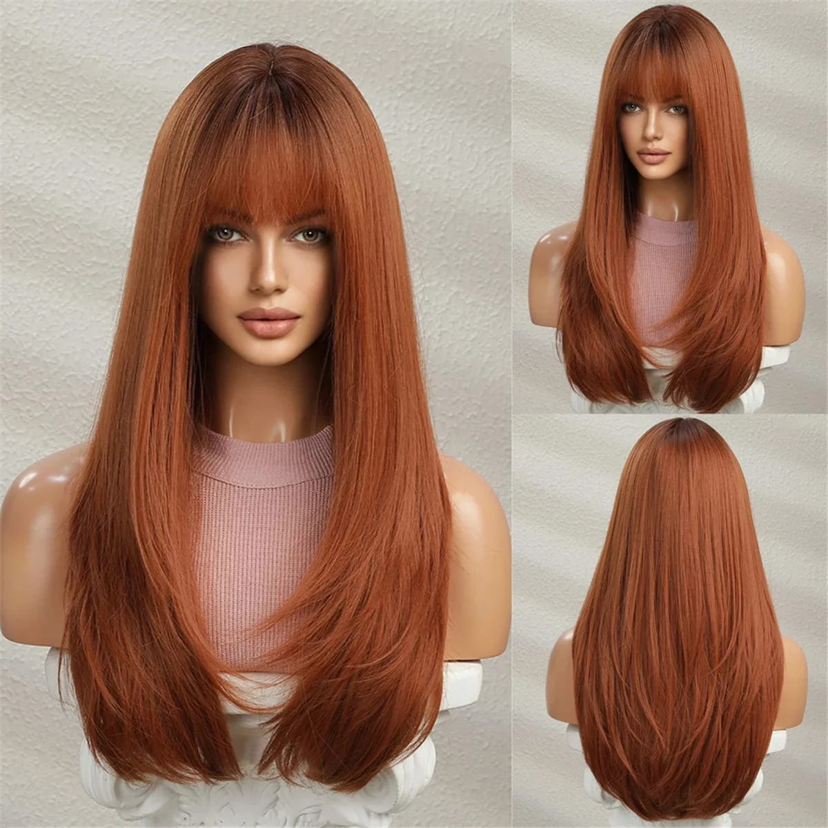 Long Wig with Bangs for Women Straight Orange Wig Layered Synthetic Heat-Resistant Chemical Fiber Wigs for Daily