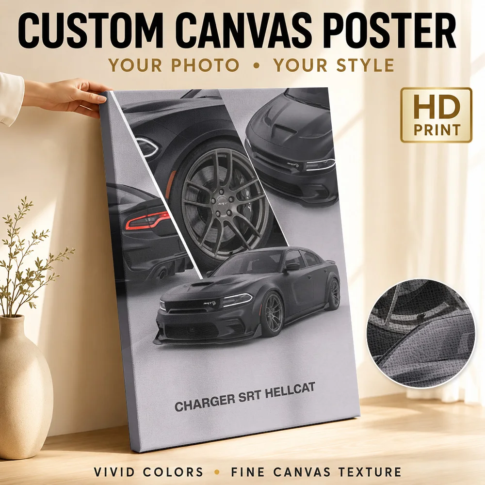 Black Sleek American Charger SRT Hellcat Canvas Print Poster Customized Photo Modern Gallery Style Canvas Wall Art Garage Decor