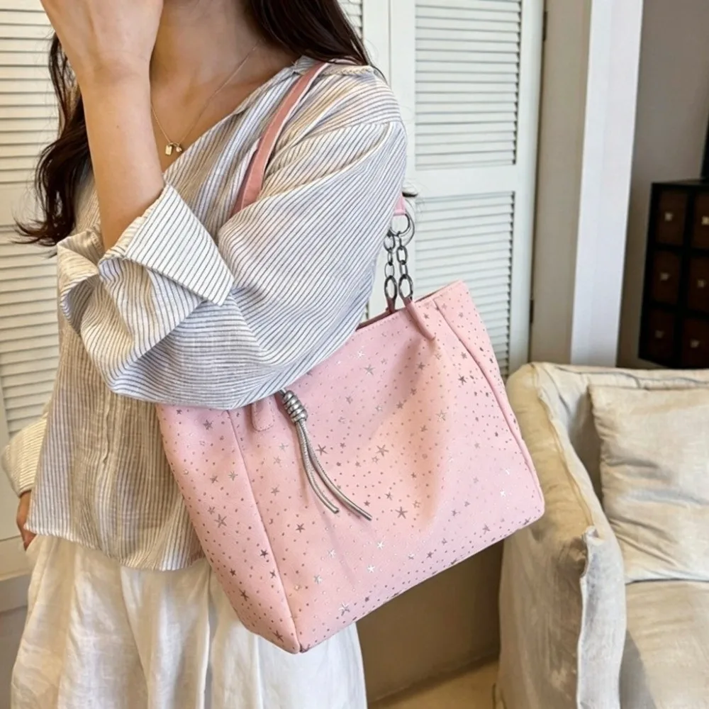 Durable Star Pattern Shoulder Bag Solid Color Chain Strap Large Capacity Handbag Soft Versatile Underarm Tote Bag School Commute