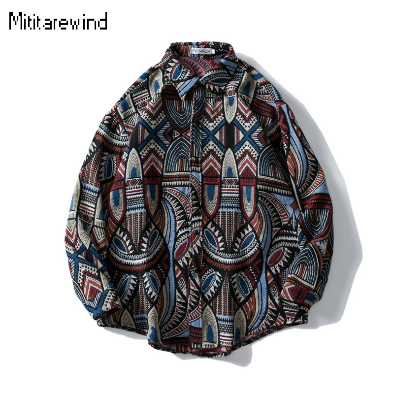 

Autumn Winter Ethnic Style Mens Overshirt Youth Streetwear Baroque Vintage Shirt Japanese Woolen Shirt Loose Couple Tops Causal