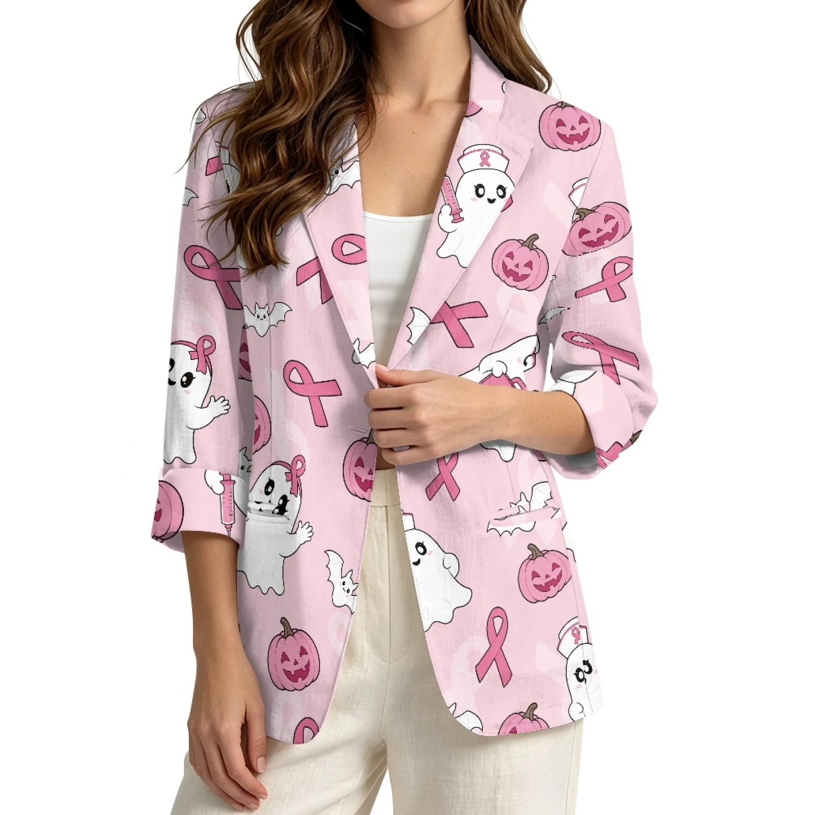 PENSTROLL Pink Ghost Pumpkin Linen Style Open Front Button Cardigans S-3XL Fall Outerwear for Women Beach Vacation Jackets