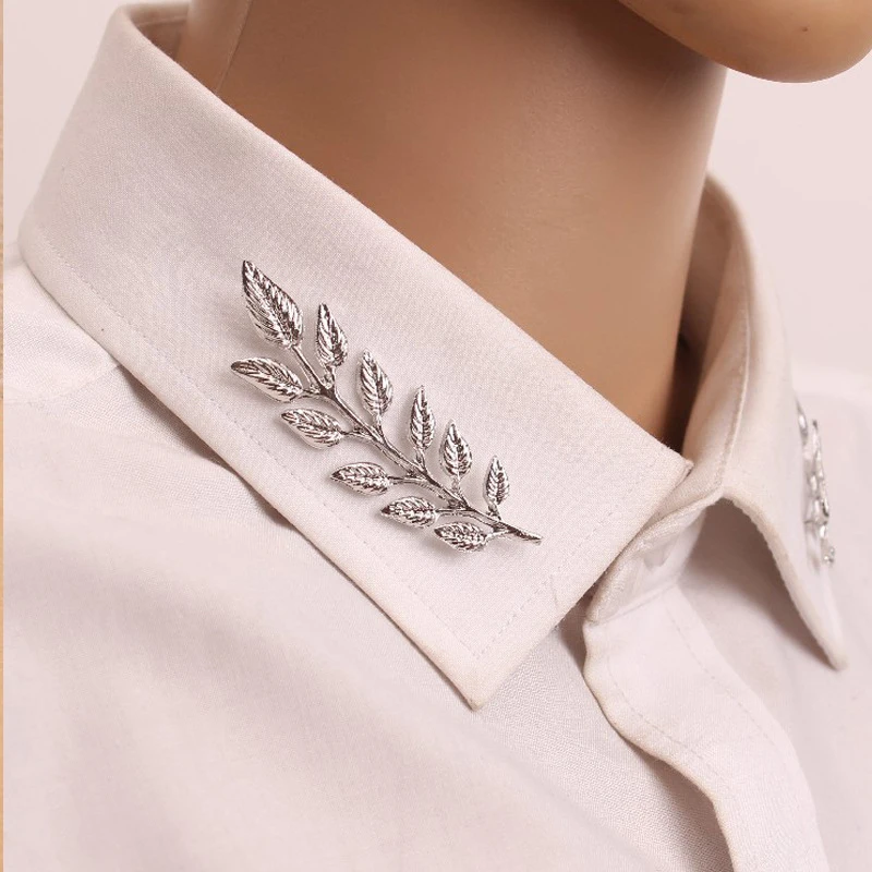 Picture 3: Vintage 3D Tree Leaf Wheat Collar Pin Brooch Gold Silver Metal Shirt Collar Clip Lapel Pin Suit Clothing Decor