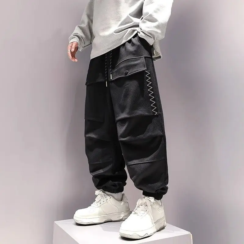 Spring Autumn Japanese Style Solid Color Trousers Men Loose Elastic Waist Drawstring Bound Feet Cargo Pants Pockets Male Clothes