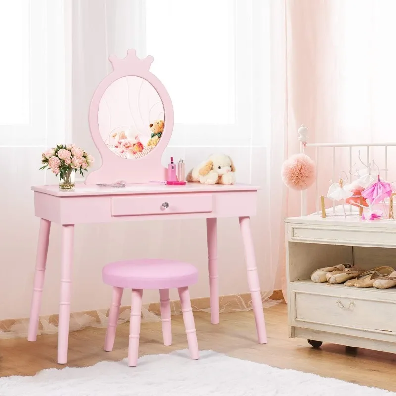 

Vanity Set, Wooden Makeup Table with Cushioned Stool,Solid Wooden Legs and Crown Mirror,Pretend Beauty Make Up Dressing Play Set