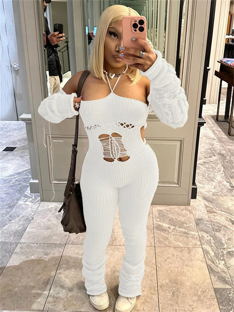 Whatiwear Knitted Halter Jumpsuits+Glove Women Hollow Bandage Backless Skinny Stretch Trend Stacked Workout Streetwear Overalls