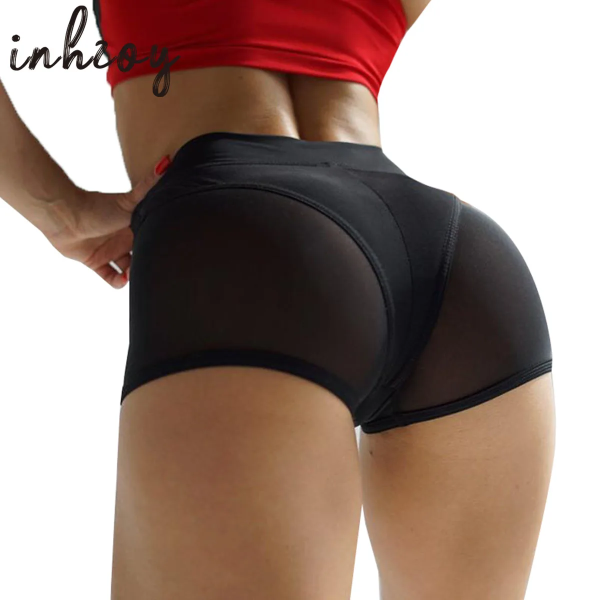 

Women Sexy High Waist Workout Fitness Shorts Female Cheer Booty Dance Shorts See-through Mesh Patchwork Pole Dancing Clubwear