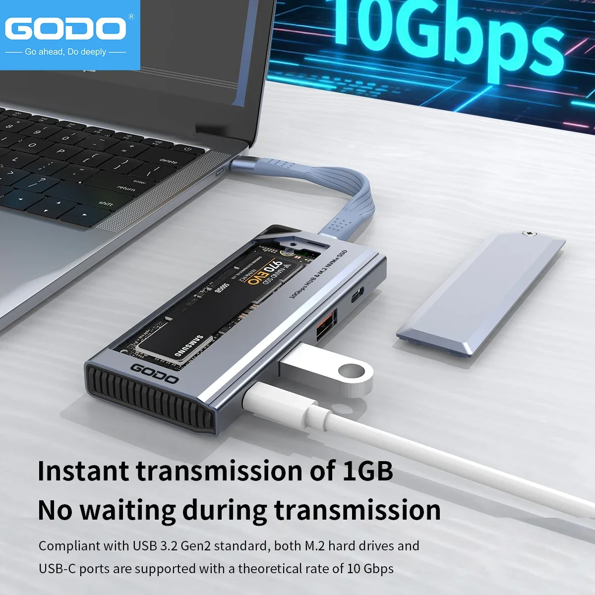 GODO 4-in-1 M.2 NVMe 10Gbps Hard Drive Enclosure Docking Station SSD Extender USB3.2 PD 100W Type-C 3.2 Suitable for Laptops
