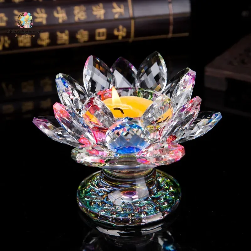 7 Colors Crystal Lotus Candlestick Tealight Holders Lotus Flower Figurines Ornament Party Dinner Decor