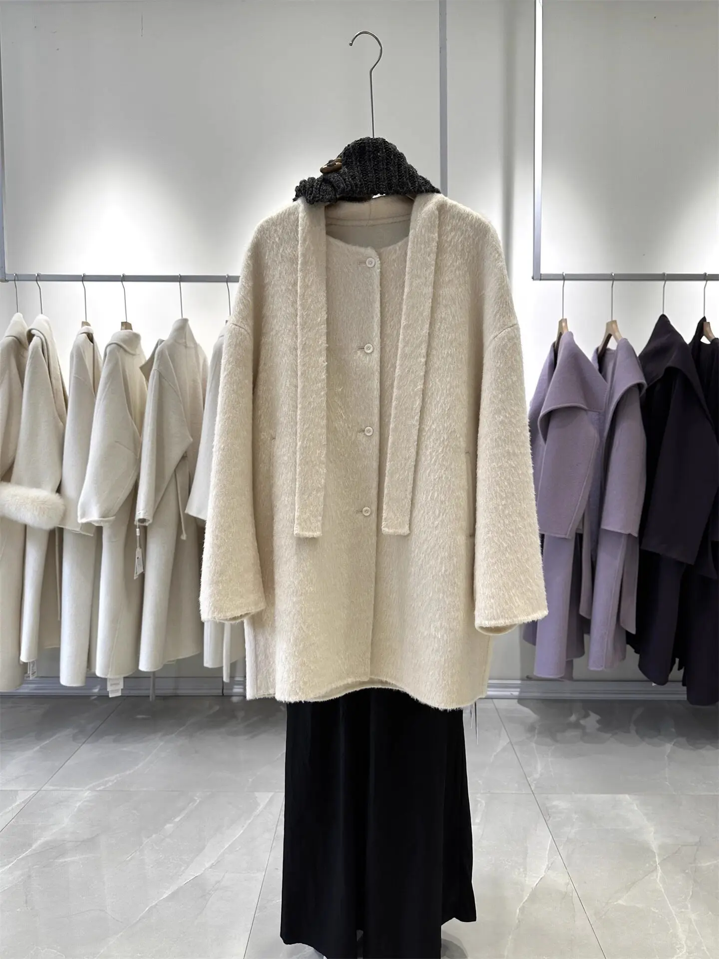 Winter New Hooded Double Face Wool Coat Women Mid Cocoon Shape Ribbon Woolen Outerwear Premium Handmade Warm Korean Overcoat
