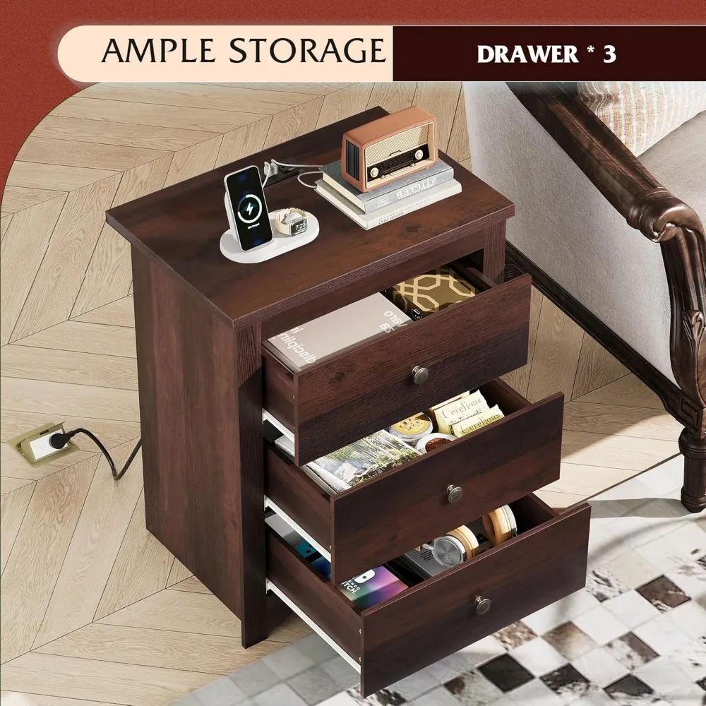 충전 스테이션이 있는 높은 침대 옆 탁자, 서랍 3개가 있는 나무 침대 옆 탁자, 침실용 침대 옆 탁자, 기숙사, USB 2개가 있는 작은 테이블