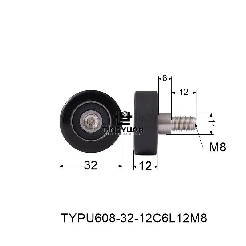 Polyurethane Roller TYPU608-32-12mm  Flat Type ID8 OD32 TPU 1pcs  Black Wheel Roller Pulley With 304 Screws  Guide Wheel