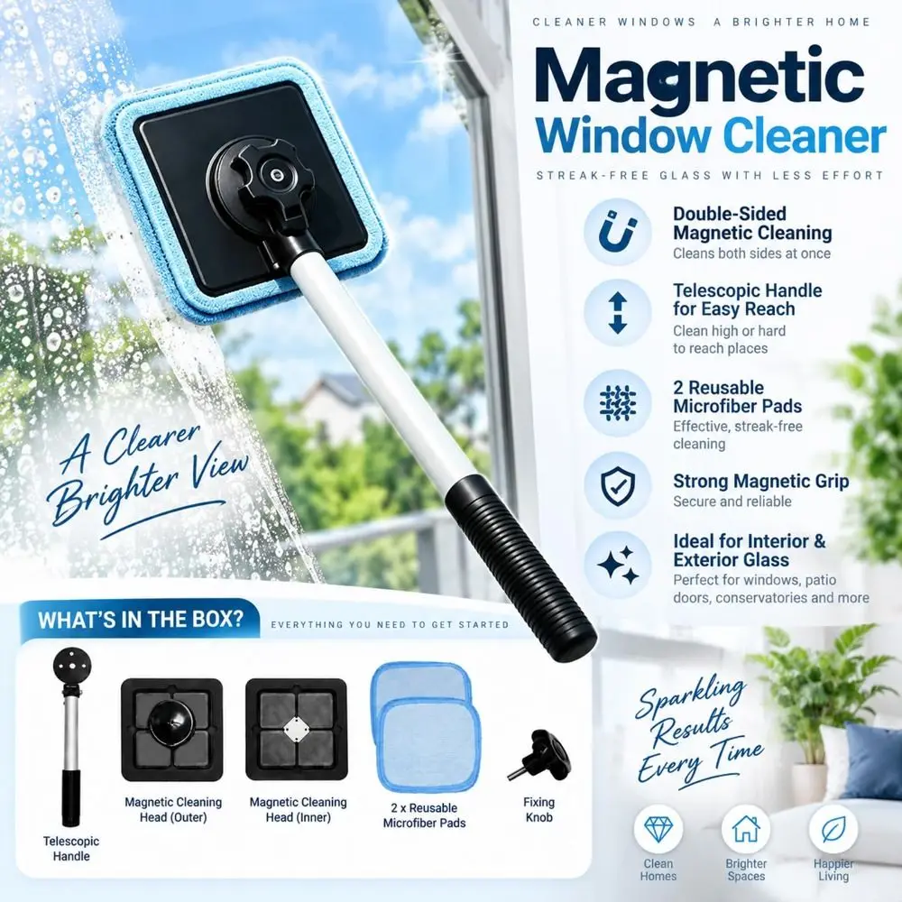 Extendable Handle Windshield Cleaner Glass Cleaning Kit Streak-Free Windshield Cleaning Wand Detachable Pads Magnetic Lock