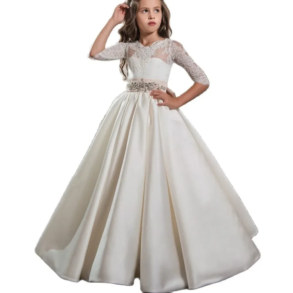 

Flower Girl Dresses2025 White Flower Girl Dress For Weddings Lace Flowers Beaded Satin A-line Long Birthday Pageant Robe First C