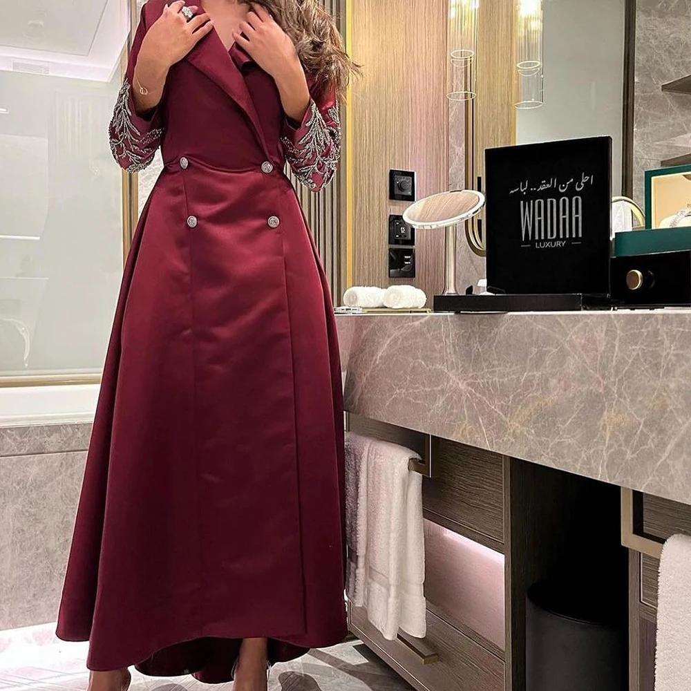 Customized Fashion Satin A-Line Crystal and Buttons Evening Dress V-Neck Long Sleeves Burgundy Sparkly Bespoke Occasion Gowns